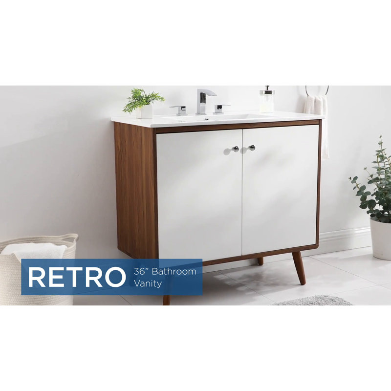 Mid-Century Walnut and White 36" Wall-Mount Bathroom Vanity