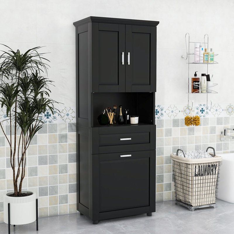 Armoire de salle de bain avec tablettes de rangement et tiroirs, Noir, noir, noir, noir