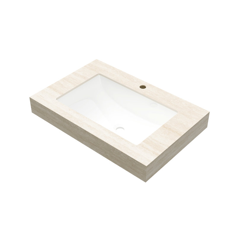 Comptoir en pierre frittée à motif de 30 po avec vasque en céramique incrustée, beige, rayure, haute température pour meuble-lavabo, trou de robinet standard de 20,16 po de large, approprié