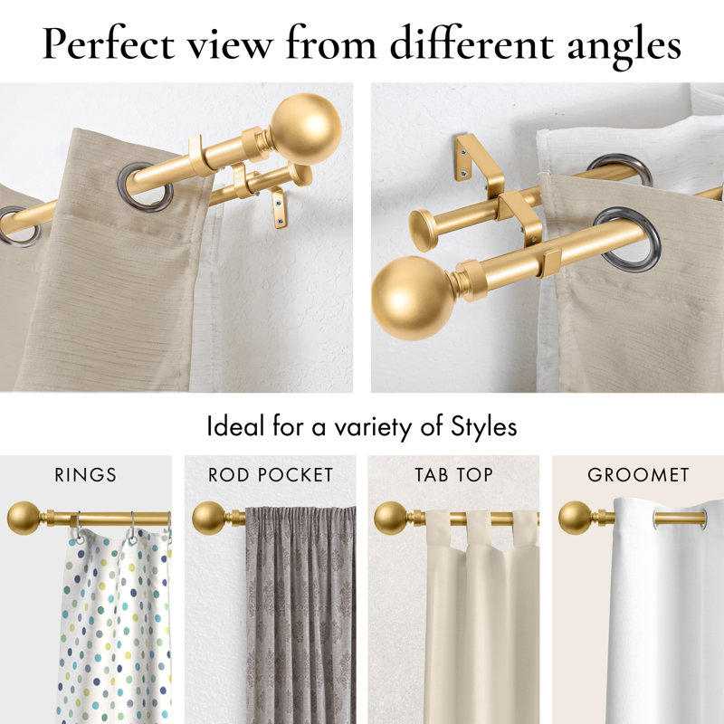 Gold Adjustable Double Curtain Rod with Ball Finials, 28"-48"