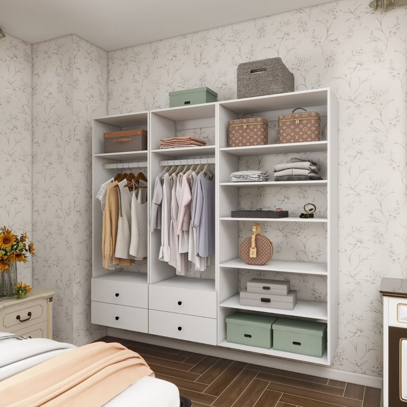 Système d'organisation modulaire blanc avec 2 tringles, 8 tablettes et 4 tiroirs