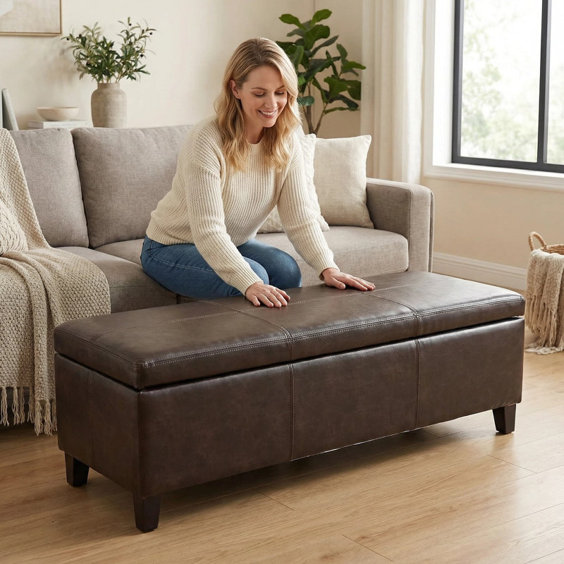 Banc de rangement contemporain avec repose-pieds rectangulaire en similicuir, assemblé