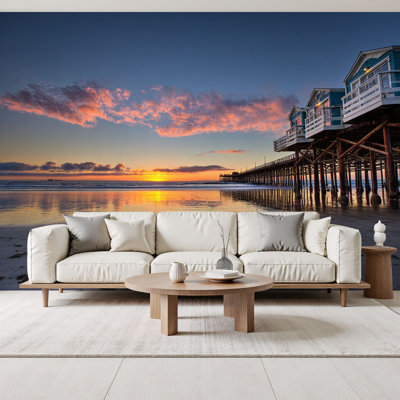 Peel and Stick Wallpaper Sunset Crystal Pier Pacific Beach San Diego California Wall Murals 69"H x 96"W Removable PVC Wall Paper Self-Adhesive Wall Paintings Art Decor for Bedroom Living Room