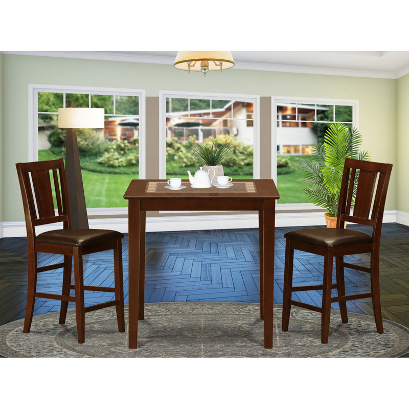 3 Piece Counter Height Dining Set for Small Spaces Contains a Square Wooden Table and 2 Faux Leather Chairs, Mahogany