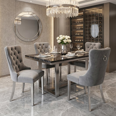 Modern Velvet Upholstered Dining Chair With Tufted Back, Nailhead Trim