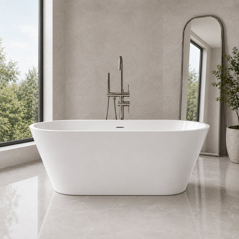 Baignoire autoportante ovale en acrylique de 130 cm (51 po), double dos, avec bonde centrale et trop-plein intégré, blanc brillant