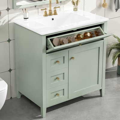 Meuble-lavabo de salle de bain, 30 po, bois massif, 1 pièce, autoportant, vert