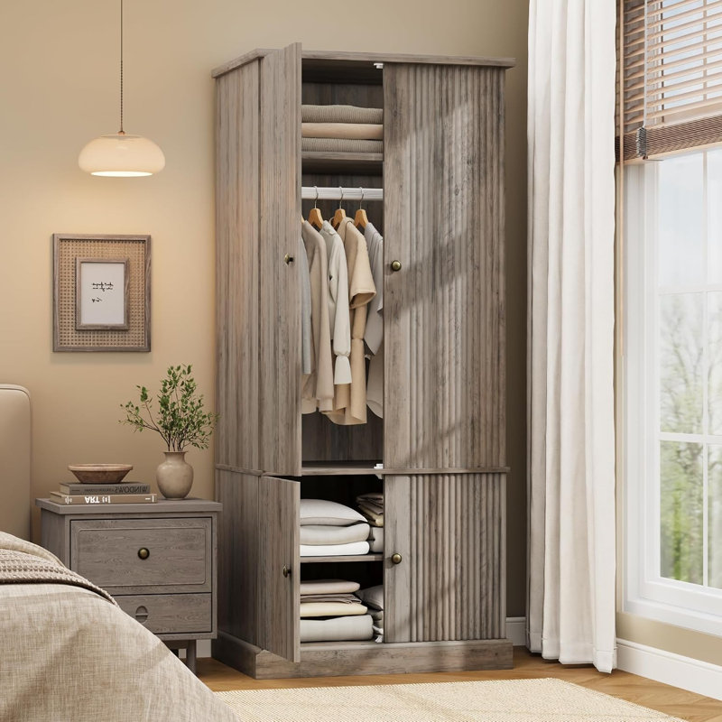Armoire en bois de 182 cm de haut avec 4 portes et 53 cm de profondeur, tringle et étagères réglables, charnières à fermeture douce, trousse anti-basculement – ​​pour chambre à coucher