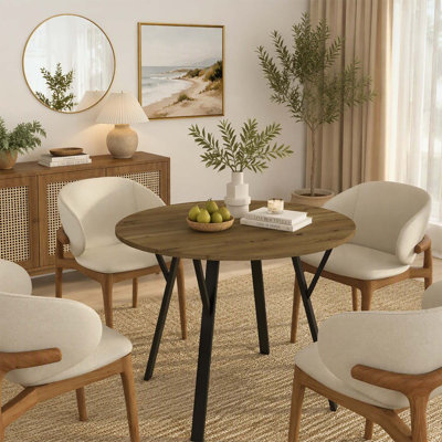 35.43 Inch Round Dining Table, Small Circle Kitchen Table with Metal Black Legs for 2-4 People, Modern and Stylish Industrial Design, Brown (Table Only)