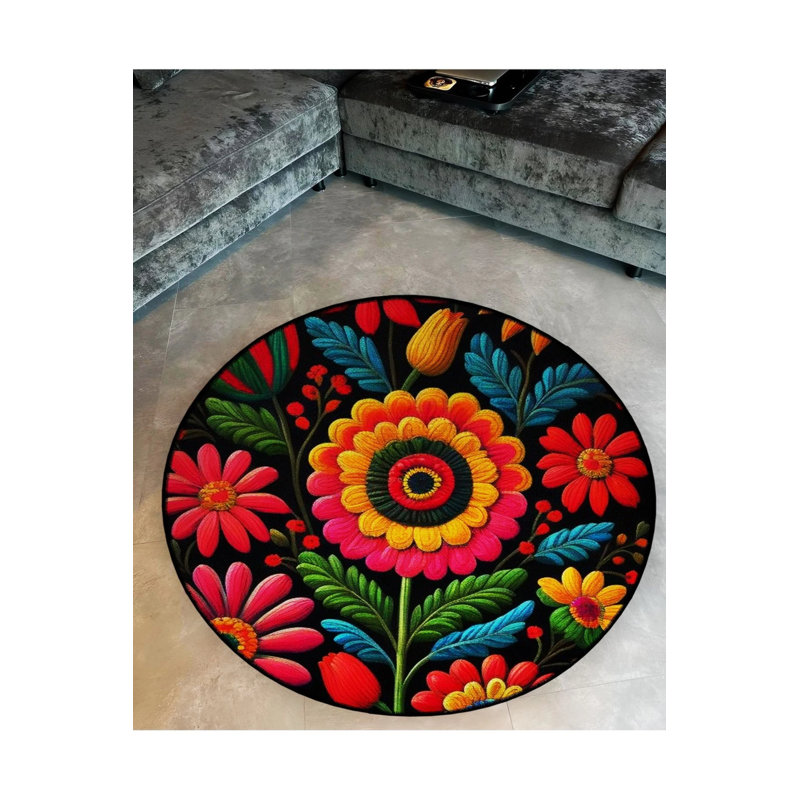 Multicolored Flowers Woven Base Modern Decorative Carpet, Round 4'
