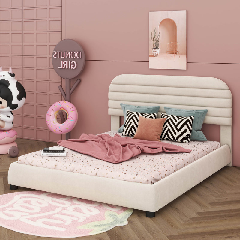Lit plateforme tapissier en velours, Beige