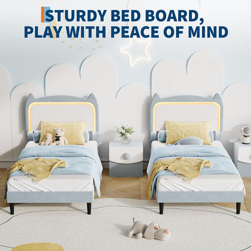 Twin Size Bed Frame with Cat Headboard&LED Lights,Upholstered Twin Bed Frames for Kids,Princess Platform Bed, No Box Spring Needed, Noise-Free, Easy Assembly