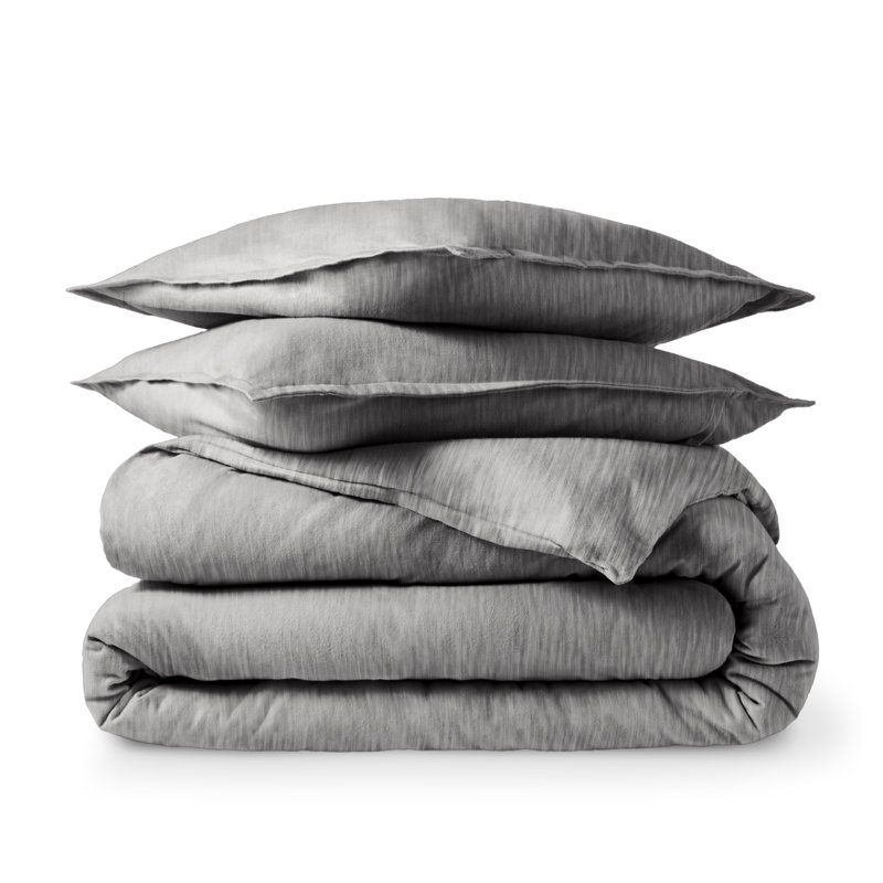 100% Cotton Flannel Duvet Cover Set, Queen Duvet Cover + 2 Standard Shams, Heather Light Gray