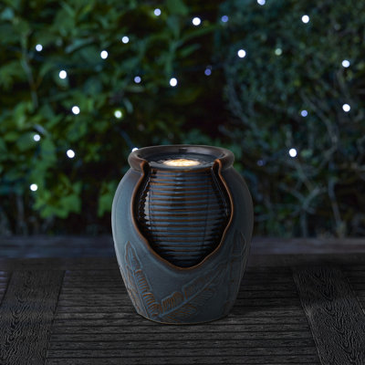 9.25"H Turquoise Leaf Textured Ceramic Jar Tabletop Fountain With Pump And LED Light (KD)