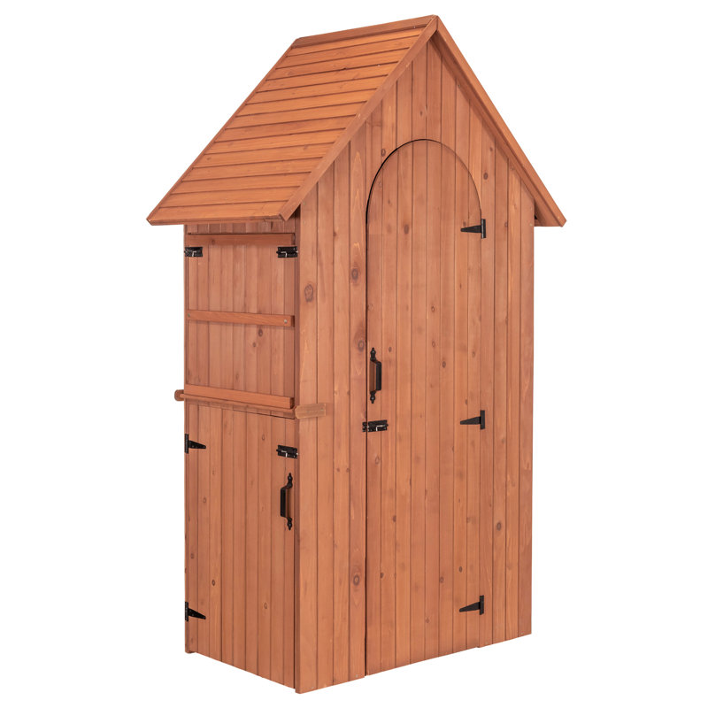 Medium Brown Cypress Wood Multi-Compartment Storage Shed with Drop Table