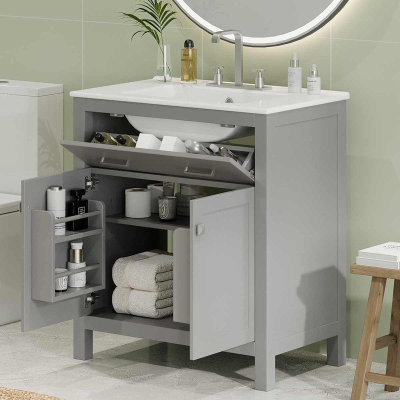 Meuble-lavabo moderne de 30 po avec lavabo en céramique, armoire de salle de bain avec 2 portes et une tablette, Gris