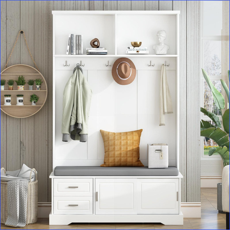 Hall Tree with Sliding Doors, 6 Hook Coat Rack &amp; Padded Shoe Storage Bench, White 47.2"W | White | Coat Racks, White
