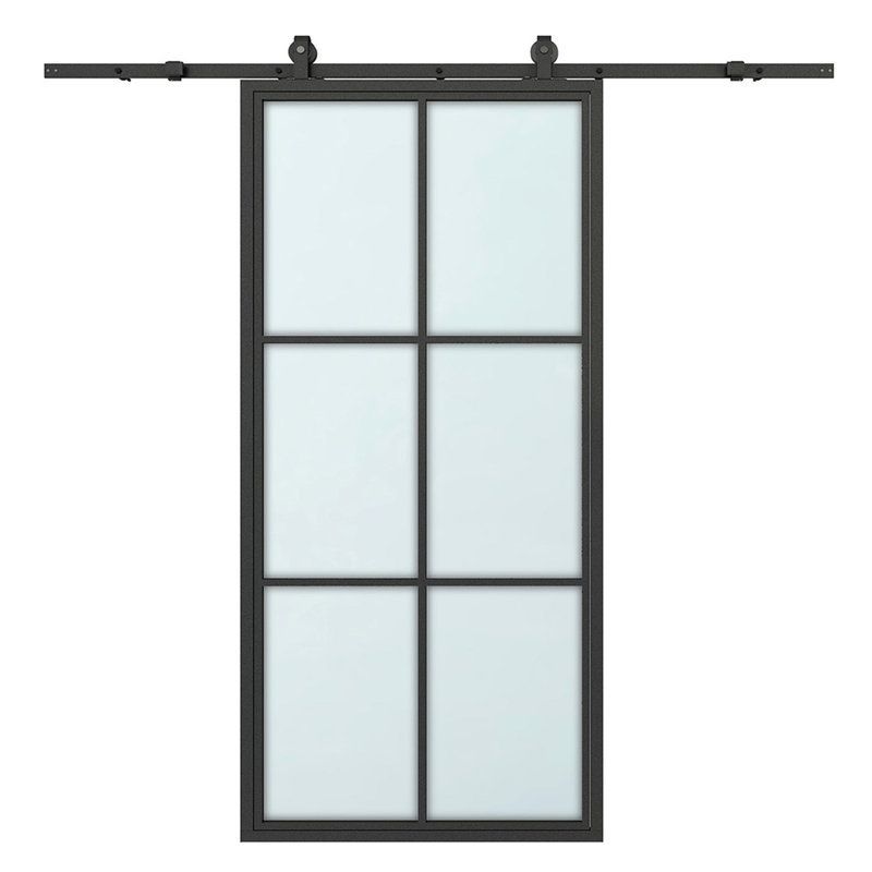 36 po X 84 po Porte de grange coulissante intérieure en verre noir givré 6-Lite avec trousse de quincaillerie