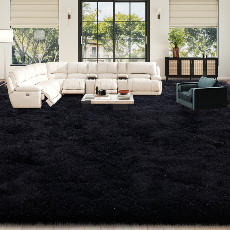 10x14 ft Black Shag Rug, Ideal for Living room decor, Ultra-Soft Fluffy Rug for Bedroom Flooring, Aesthetic Carpets Suitable for Kids' Rooms, Dorms, and Home Decor