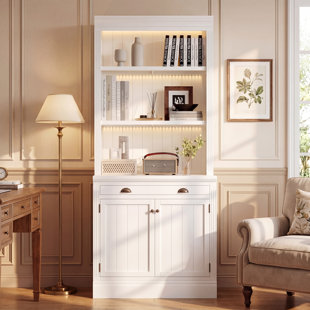 Bibliothèque de rangement moderne H 83,5 "x l 35,8" avec 3 tablettes ouvertes et 1 grand tiroir, grande bibliothèque en bois avec éclairage DEL