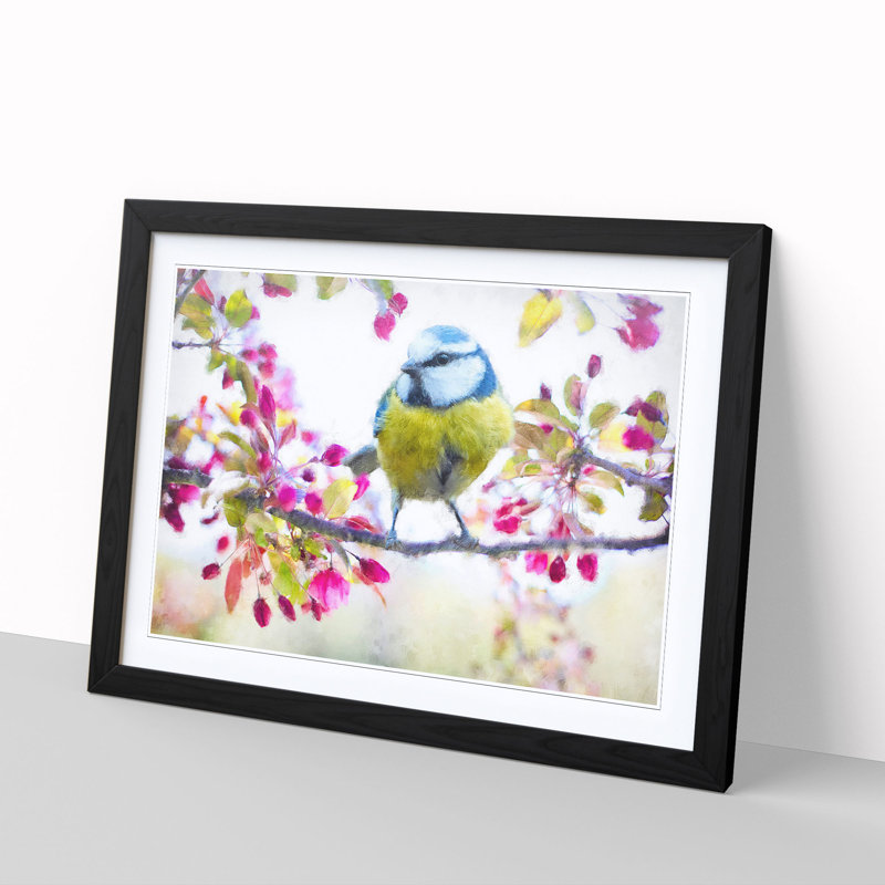 Blue Tit Bird In Spring Painting - Single Picture Frame Print on MDF, 33cm H x 45cm W x 2cm D, Black
