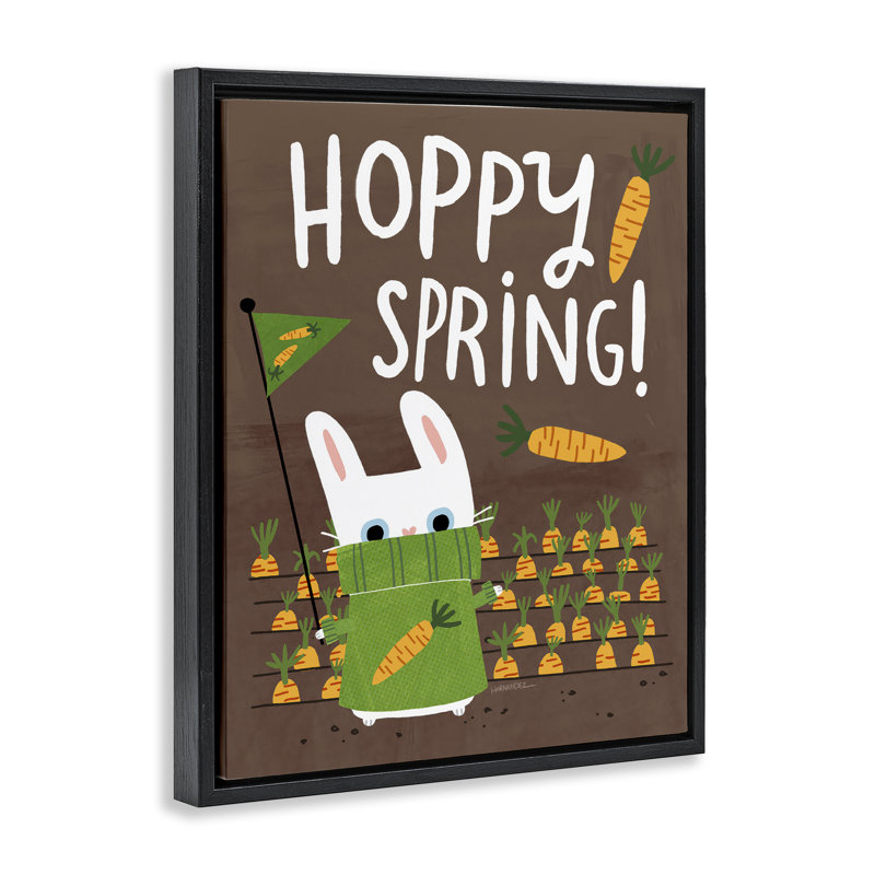 «Happy Spring Bunny & Carrots», art mural sur toile flottante brune par Leeza Hernandez, Cadre flottant noir de jais