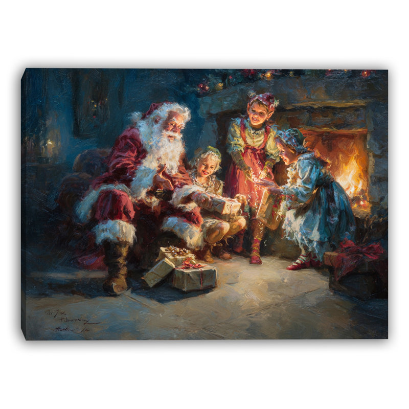 «Santa's Christmas Eve by the Fireplace», art mural sur toile, H 20 po x l 24 po