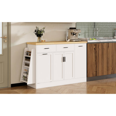 Buffet de cuisine blanc avec rangement multifonctionnel, support à épices à 3 niveaux et poubelle escamotable dissimulée. Pour la salle à manger organisée
