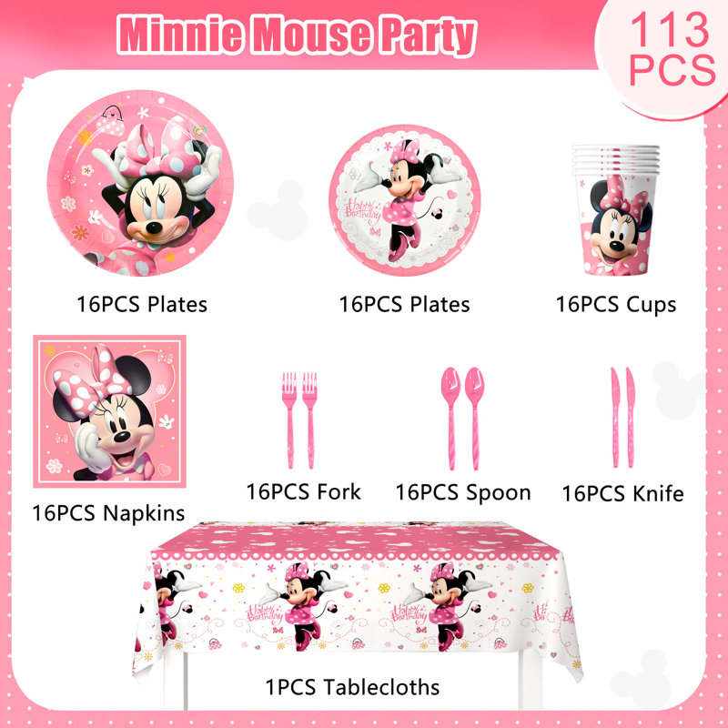 Minnie Mouse Party Supplies,65pcs Minnie Party Tableware Set