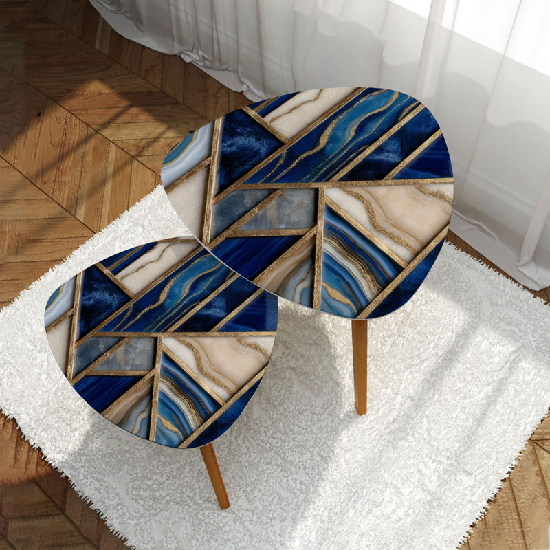 Ensemble de 2 tables basses gigognes triangulaires abstraites en mosaïque de marbre moderne, agate, granit, jaspe, table de bout, table d'appoint moderne et minimaliste pour le salon, la chambre à coucher