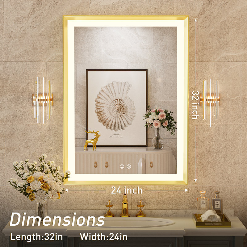 Led Bathroom Mirror, Metal Framed Lighted Vanity Mirror, Wall Mounted Bathroom Mirror With Lights, Natural Light, Anti Fog, Dimmable