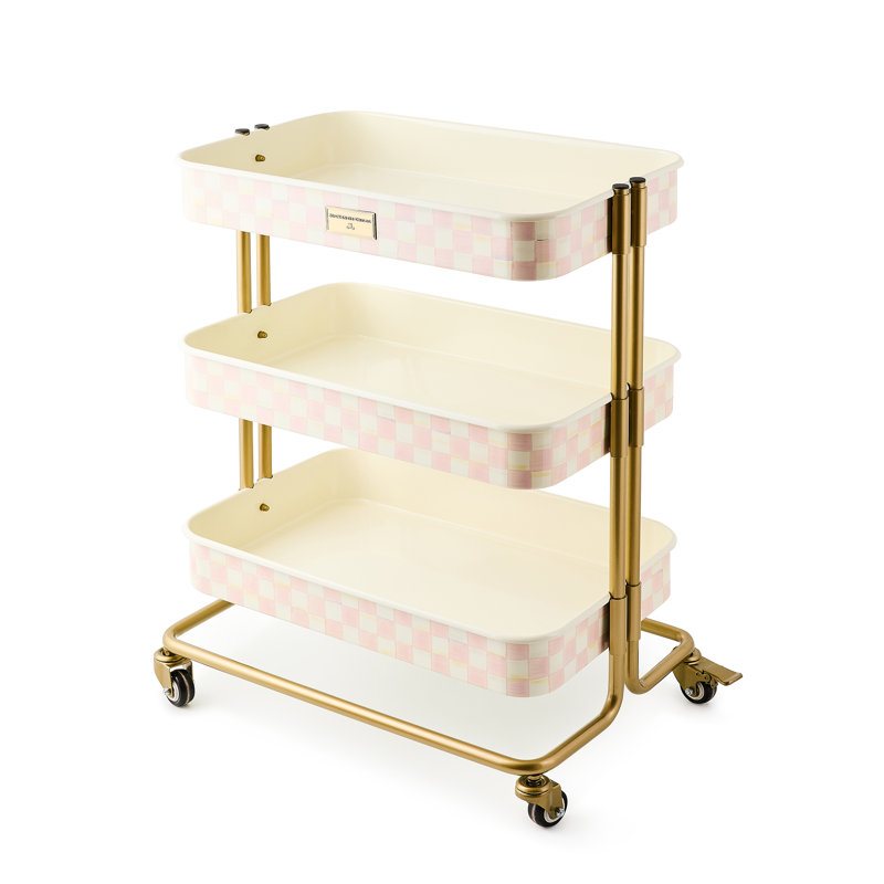 Courtly Check 3-Tier Kitchen Cart, Pink/White, Gold