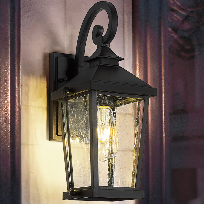 Large Outdoor Wall Light Die-Cast Aluminum In Black Finish Seeded Glass, 16.3" H x 7.7" W x 6.3" D