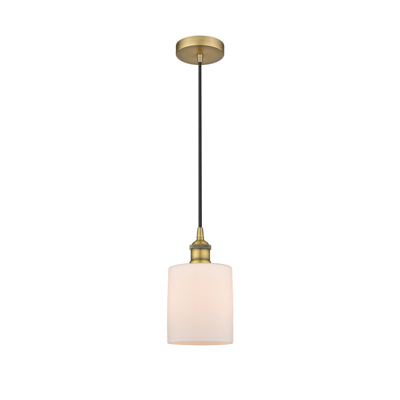 Luminaire suspendu tambour simple à 1 lumière Malcolm, H 9,75 po x l 5 po x P 5 po, Blanc mat, Laiton brossé