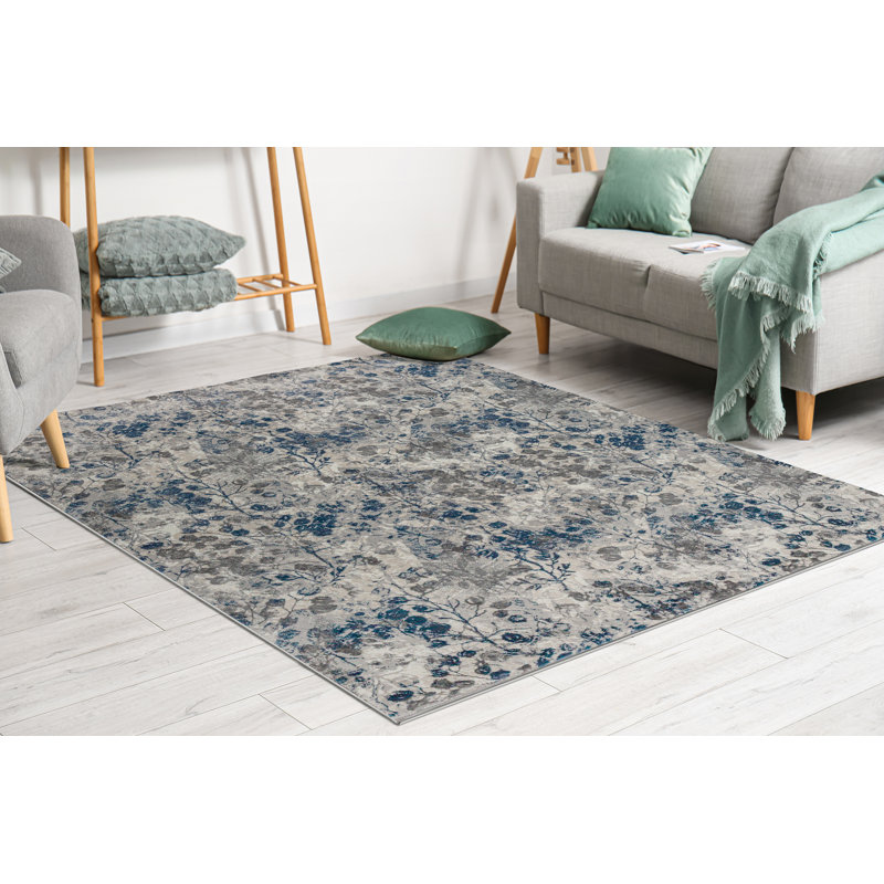 Mamane Blue Floral Area Rug – Transitional Design, Soft High-Low Texture, Stain Resistant, Non-Shedding Living Room Bedroom Rug