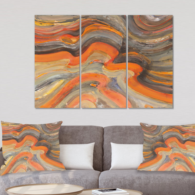 Abstract Gilded Orange Waves Canvas Painting Multi-Piece - Gilded Orange Waves, 32" H x 48" W x 1" D