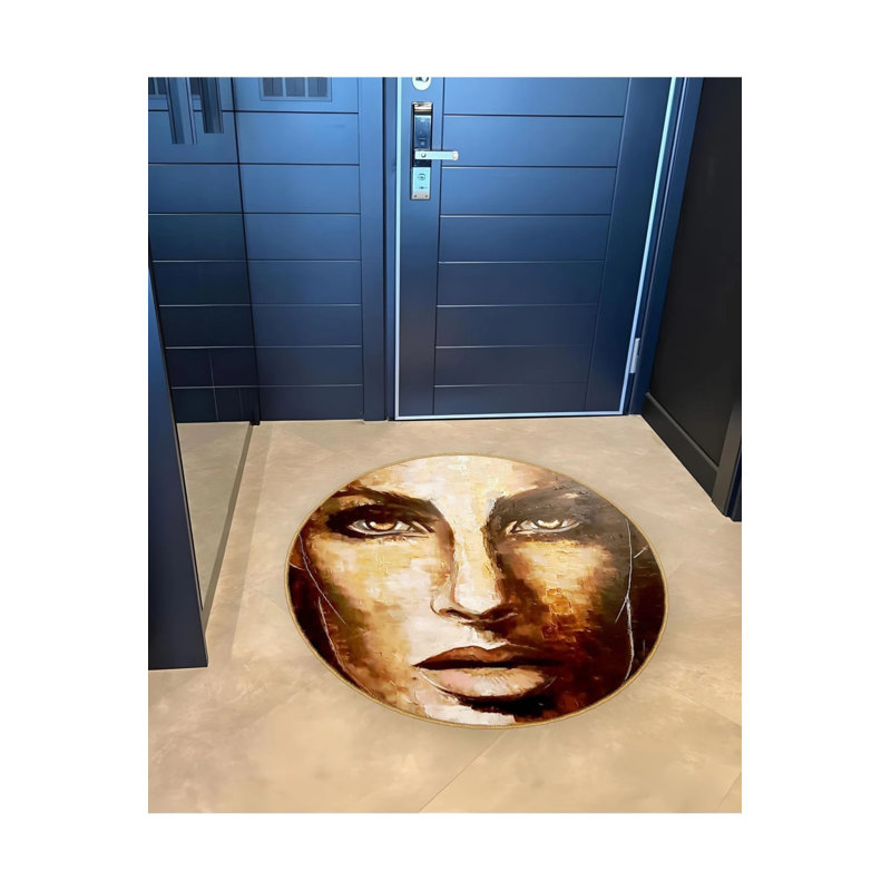 Brown Beige Woven Carpet With A Woman's Face Pattern, Round 4'