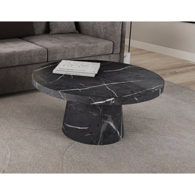 Round Marble Coffee Table with High Gloss Finish, Modern Pedestal Living Room Table, Charcoal