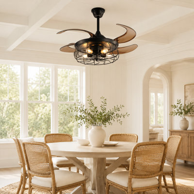 Ventilateur de plafond rétractable 4 pales 48 po avec ensemble de cage à 5 lumières et télécommande
