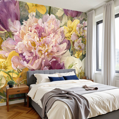 Papier peint floral à peler et coller, décorations murales décoratives de jardin de rêve, pivoines, tulipes et primevères H 100 po x l 144 po, papier mural amovible en PVC pour chambre à coucher, bureau à domicile