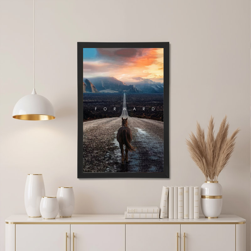 Cheval sur la route, coucher de soleil sur la montagne, toile tendue, ensemble de 1, H 36 po x l 24 po