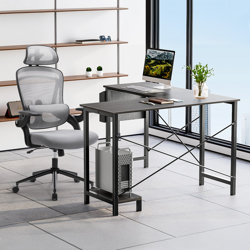Desk and Chair Set: L-Shaped Computer Desk and Mesh Office Chair, Grey Chair/Grey Desk