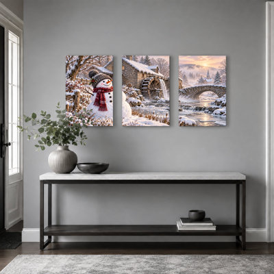 Bonhomme de neige près d'un moulin à eau en pierre, ensemble de 3 toiles murales enneigées de Noël