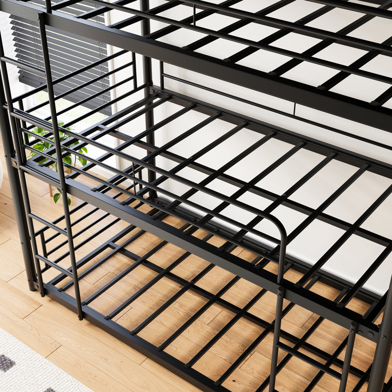 Lit simple superposé, cadre en métal noir, peu encombrant, sommeil tranquille, deux échelles attachées, barrières de sécurité pleine longueur, idéal pour les dortoirs d'appartements