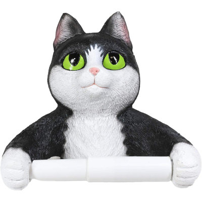 Ebros Whimsical Black And White Tuxedo Green Eyed Kitten Cat Standard Toilet Paper Roll Holder Bathroom Wall Decoration 8"" Tall Home Guest Powder Room -  Wildon Home®, 9A482BA7F4AC4DC5953F6F17B0DE183C