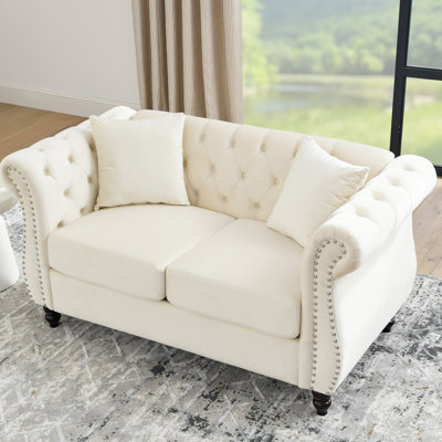 2 Seater Beige Velvet For Bedroom - With Rolled Arms, Nailhead And Pillows 58.8" Office With Soft Seat Surface