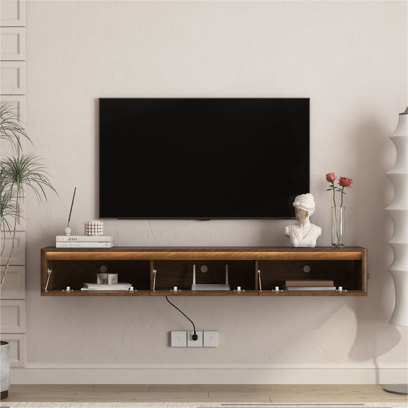 Meuble télé flottant, meuble télé mural avec lumières DEL et prise de courant pour le salon, Wood