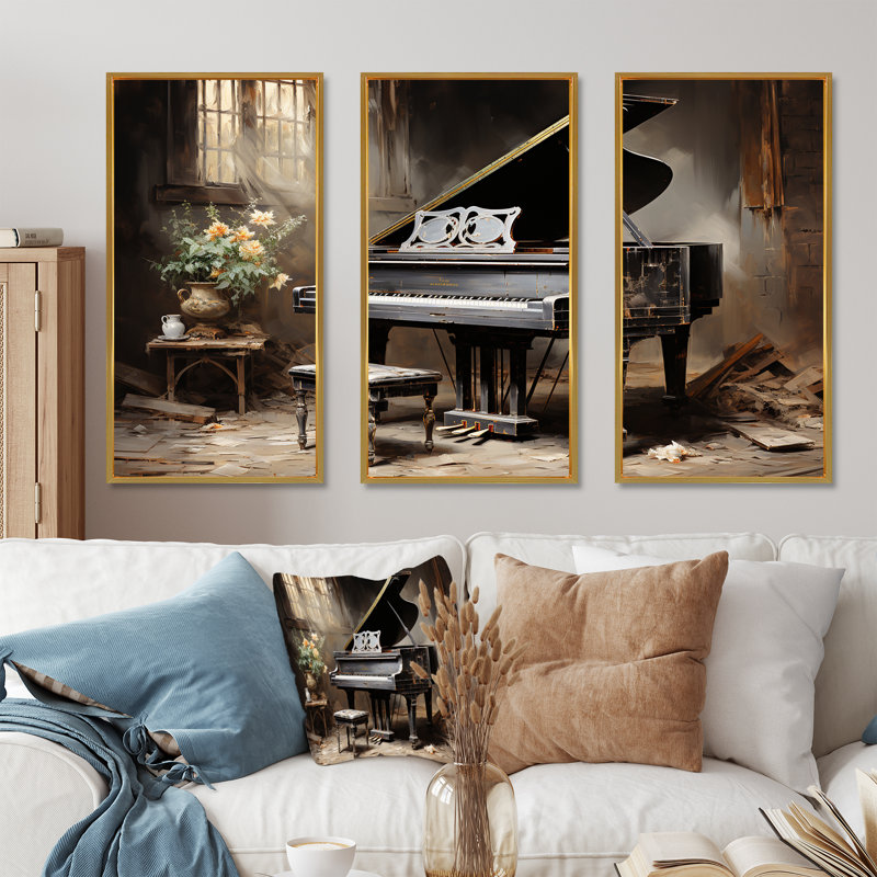Minimalisme, piano à queue, mélodie III - art mural piano, Cadre flottant doré, H 40 po x l 61 po