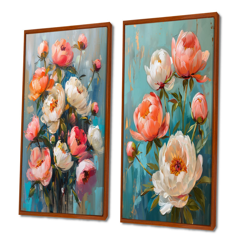 Ensemble de 2 pivoines roses en pot I, H 40 po x l 40 po, Impression encadrée, Brun