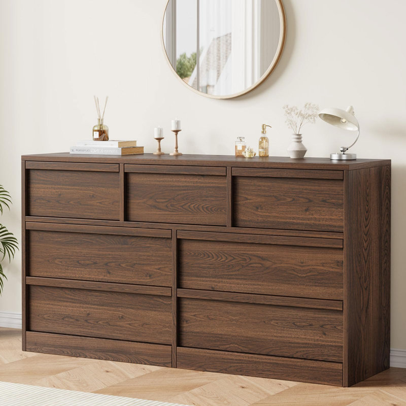 Commode 7 tiroirs pour chambre à coucher, commode en bois avec design sans poignée, armoire de rangement en bois pour commode pour le salon, entrée, noyer